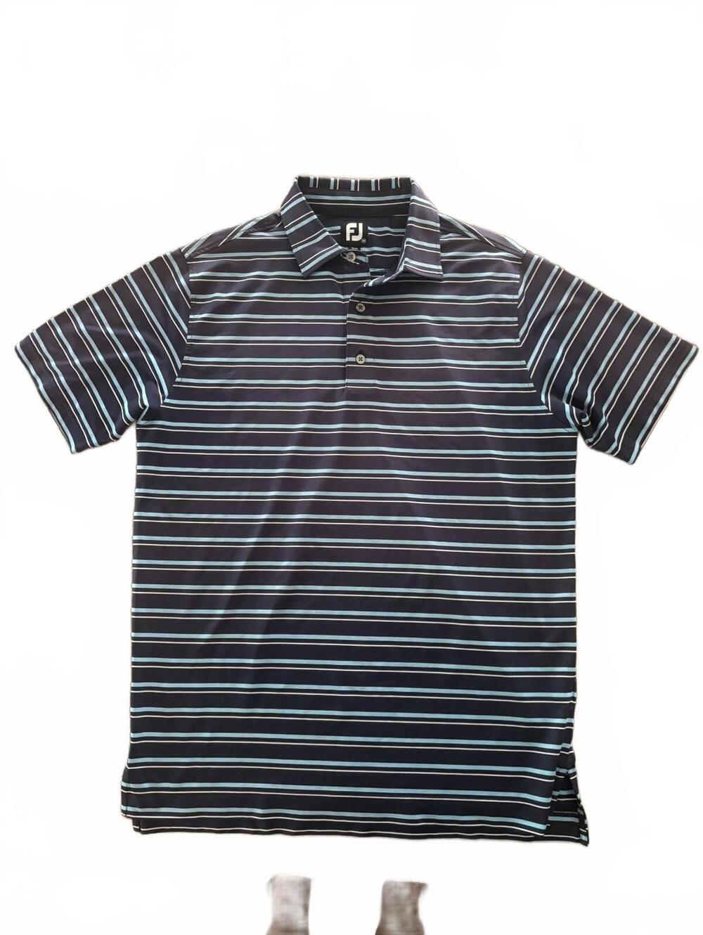 FootJoy Men's Medium Striped Golf Polo Shirt, 88% Polyester 12% Spandex, Navy/Te